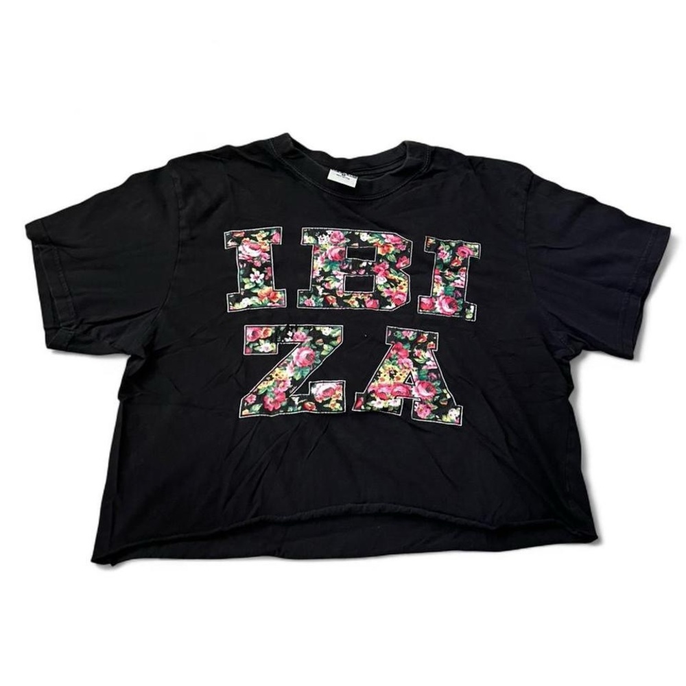 Black Floral Ibiza Graphic Cropped T-Shirt